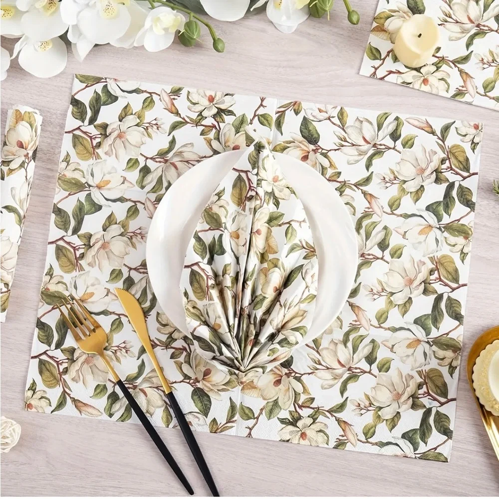 Set of 100 Magnolia Floral Themed Dinner Napkin Guest Towels for Large Party